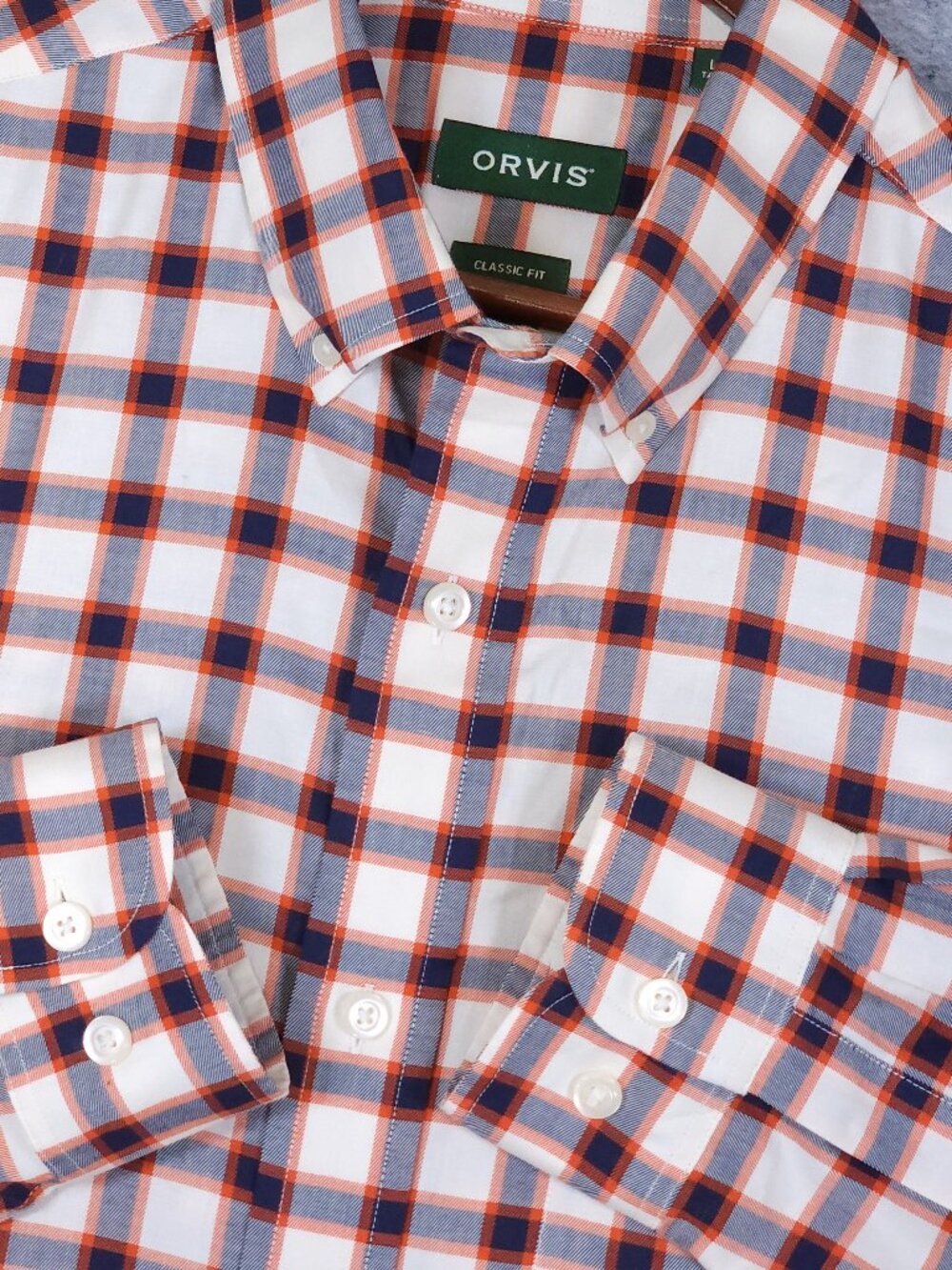 Orvis Classic Fit Wrinkle Free Shirt Large Tall Orange Navy Plaid Cotton Twill